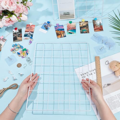 OLYCRAFT 2 Packung Gitterwandpaneele 40x30cm Metallgitter Weiß Mit 24 Haken 55 Clips 5 m Seil Drahtgitterwandpaneel Fotogitterwand Für DIY Heimdekoration Foto Memo Display