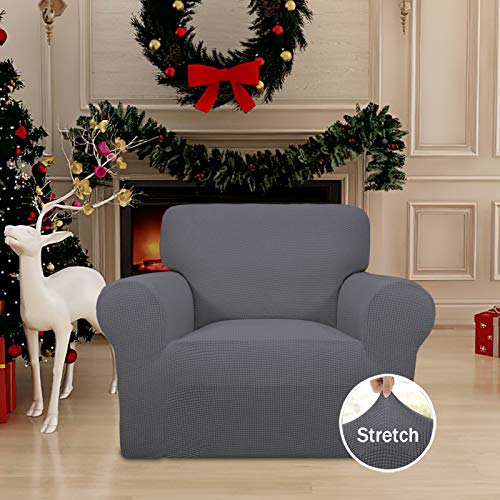 Image of Easy-Going Stretch Chair Sofa Slipcover 1-Piece Couch Sofa Cover Furniture Protector Soft with Elastic Bottom for Kids, Pet. Spandex Jacquard Fabric Small Checks (Chair, Gray)