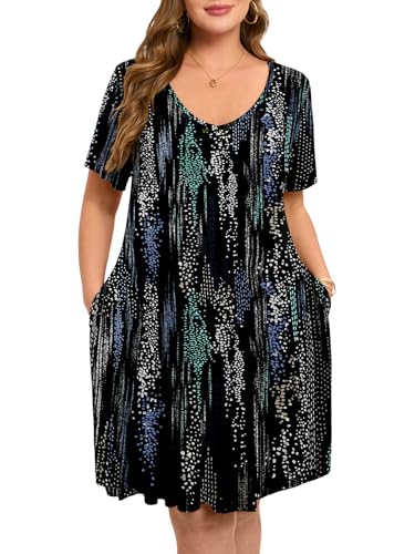 Image of ZENNILO Women's Plus Size Swing Dress with Pockets Casual Summer Dresses V Neck Short Sleeve T Shirt Dress for Women