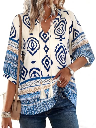 Bulotus Plus Size Spring Fashion Boho Outfits for Women Dressy Casual 3 4 Sleeve Beach Vacation Flowy Shirts Hawaiian Pattern Printed Date Night Going Out Dinner Daily Brunch Lounge Blouses