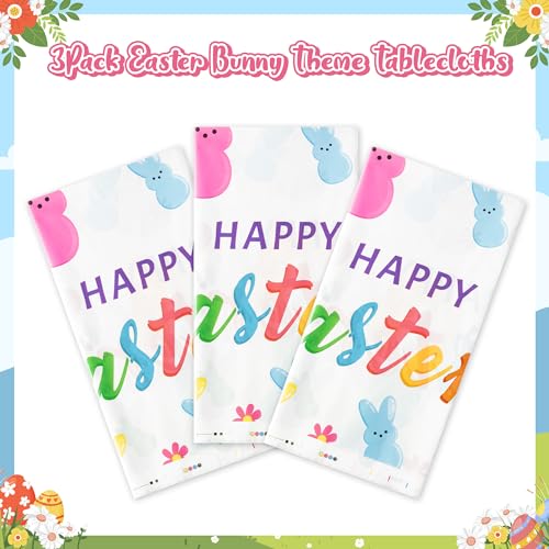 Image of Easter Bunny Peeps Tablecloth - 3 Pack Happy Easter Tablecover Decoration Set Colorful Rabbits Plastic Disposable Rectangle Waterproof Table Covers Hello Spring Party Picnic Dinner Decor