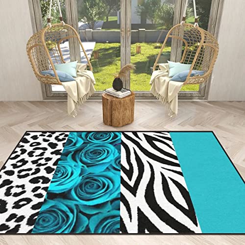 Modern Leopard Print Turquoise Rose Area Rug Teal Flower Hallway Runner Carpets Wild African Animal Pattern Non-Slip Floor Mat For Living Room Bedroom Dining Room Studio Women Room Decor #TOP12