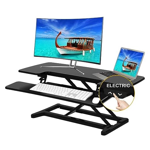 Aveyas [Electric] 32 inch Standing Desk Converter, Height Adjustable Ergonomic Sit to Stand Up Riser, Dual Monitor Lift Computer Workstation for Home Offcie Cubicle Table Desktop (Black)