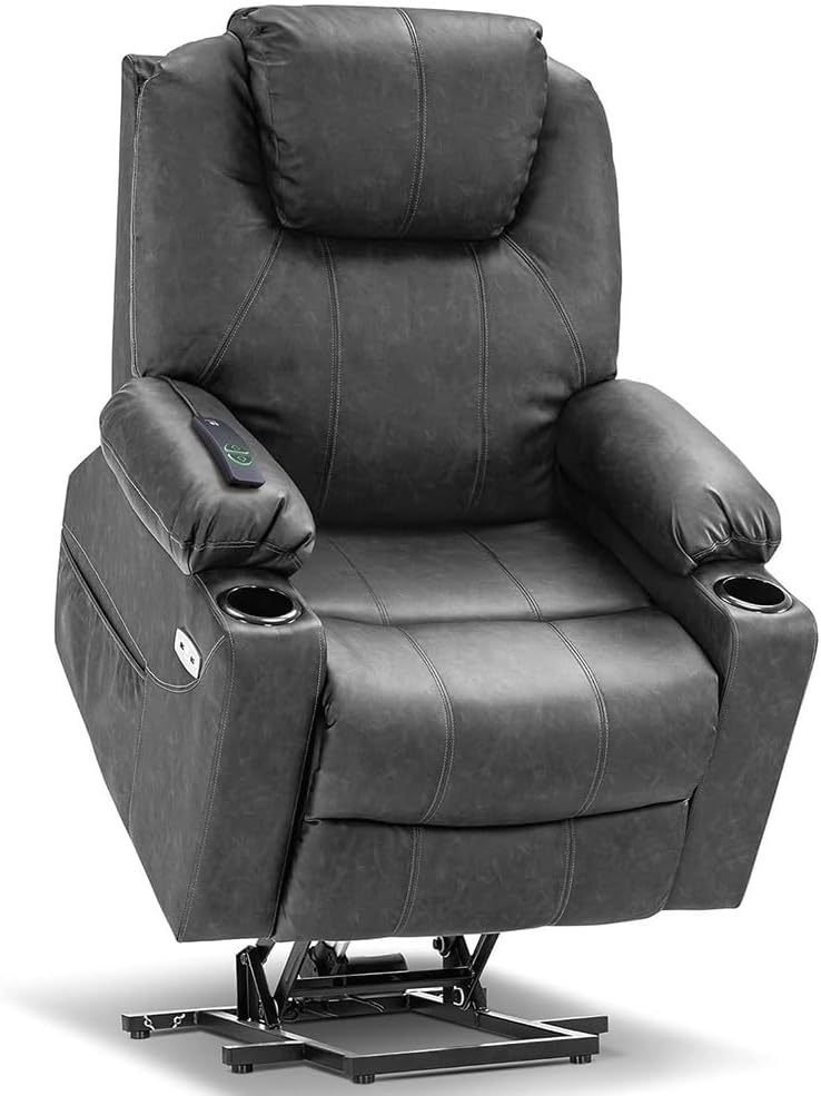 Power Lift Recliner Chair Grey Leather with Massage and Heat for Elderly Comfort Casual Single Sofa with USB Ports for Living Room Electric Recliner