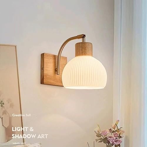 Miniatura 4 de Nordic Ribbed Milk White Glass Wall Sconce with Vintage Wood Base Adjustable Angle Lighting for Living Room Balcony E26E27 Base(Square Base)