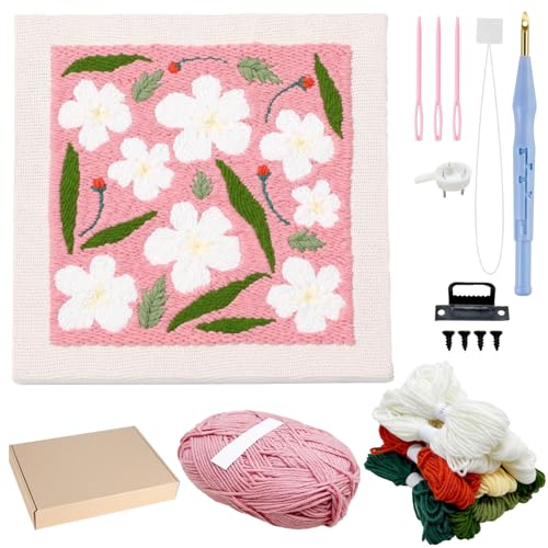 Image of Allazone Punch Needle Embroidery Kit Frame - Square Fabric with Flower Pattern, Hoop, Yarns, Punch Needle (Pink and White)