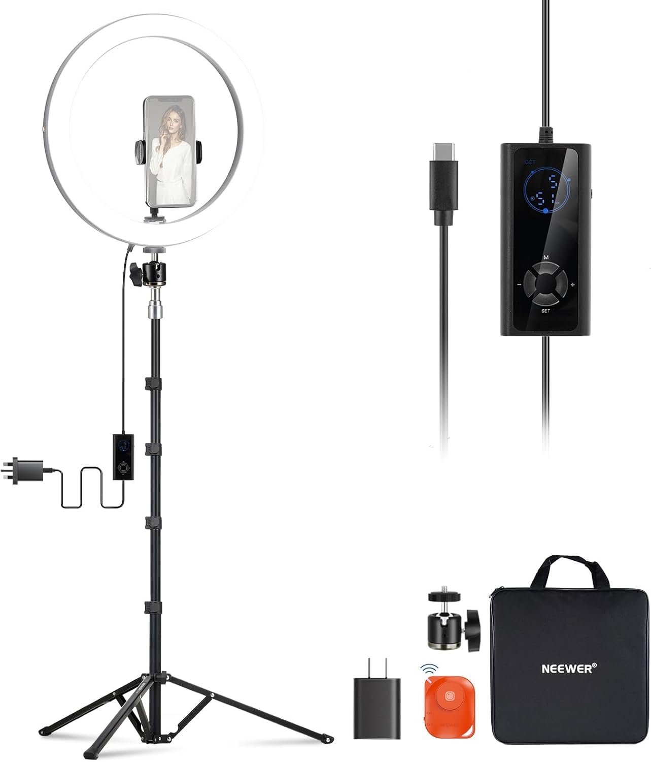 NEEWER 10" 20 W High Power LED lampa pierścieniowa do telefonu ze statywem 71", dwukolorowe światło pierścieniowe, uchwyt na telefon kompatybilny z iPhonem, do nagrywania wideo, selfie, makijażu