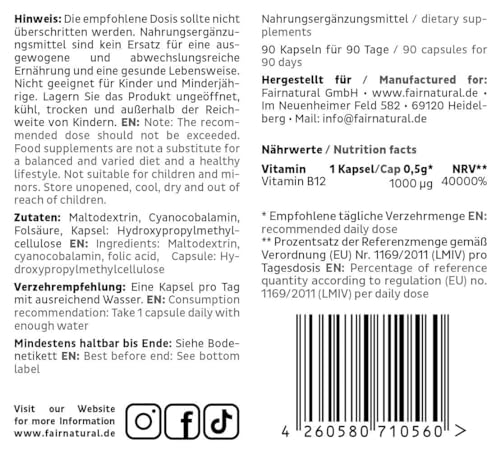 Fairnatural Premium Vegan Vitamin B12 mit hoher Bioverfügbarkeit [Regional aus Deutschland] 90 Kapseln | Hochwertig, clean, vegan & hochdosiert
