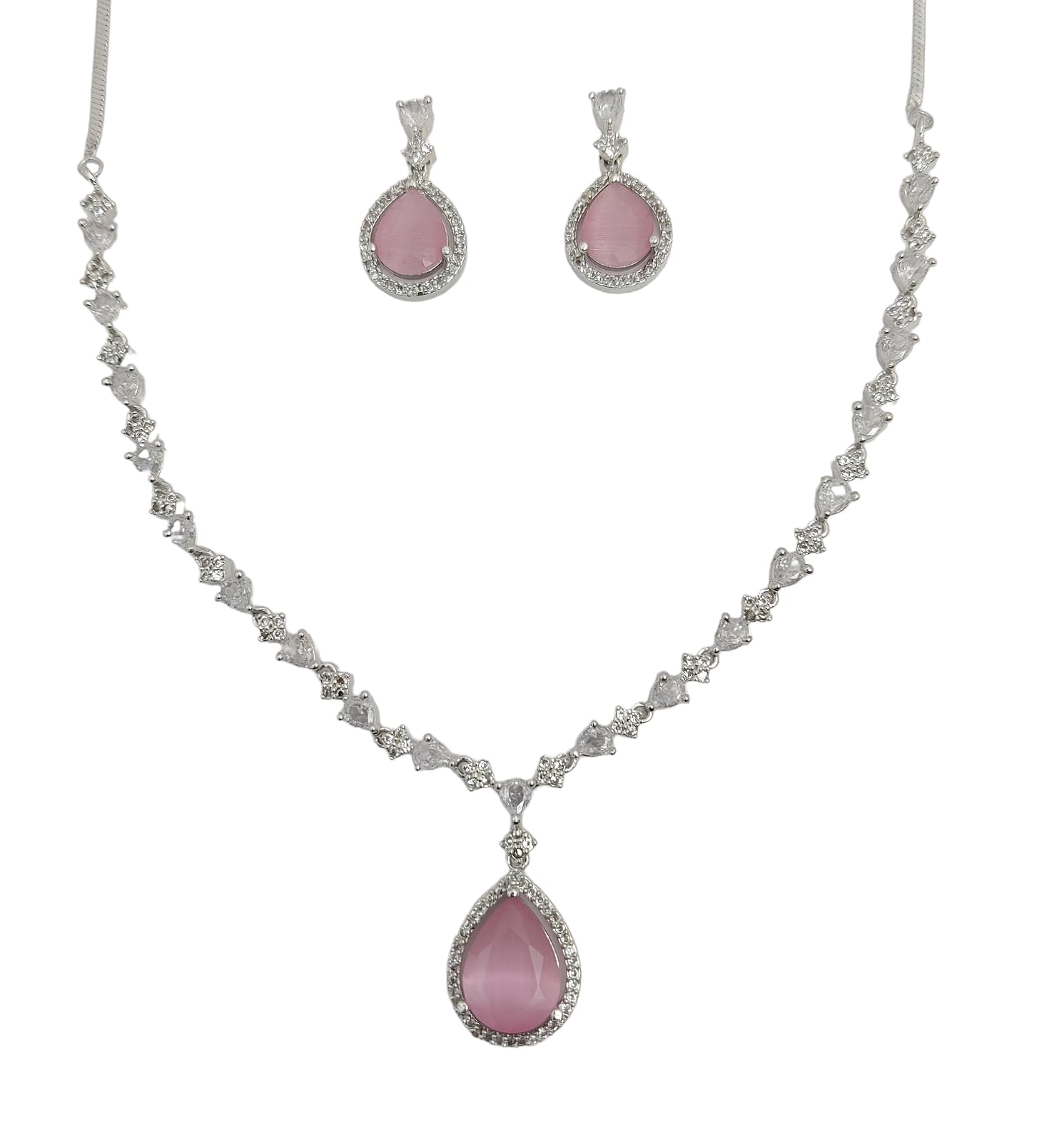 Dazzling American Diamond Drop Necklace Set - Elegant Jewelry for Women - Sparkling Crystal Pendant and Earrings - Ideal Gift for Special Occasions (Baby Pink) (B0CTGJH5Z4) Amazon Price History, Amazon Price Tracker