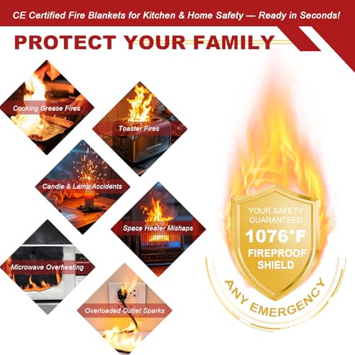 Image of Fire Blanket for Home and Kitchen, 60 inchx60 inch Fiberglass Suppression Emergency Fire Retardant Blankets for Camping, Grill, Car, Office, Warehouse with Gloves(2 Pack)