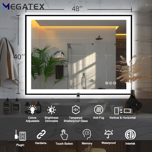 48x40 LED Bathroom Mirror for Wall, Black (Metal, Aluminum) Framed, Front Light and Backlit, 3 Colors and Dimmable Vanity Mirror, Anti-Fog, Shatter-Proof, Memory (Horizontal/Vertical)