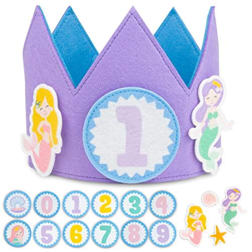 BONNYCO Mermaid Birthday Crown with Interchangeable Numbers from 0 to 9 & Themed Figures First Gifts for Girls, 1st Birthday Crown Girl, One Baby Hat | Mermaid Gifts for Kids Party Carnival