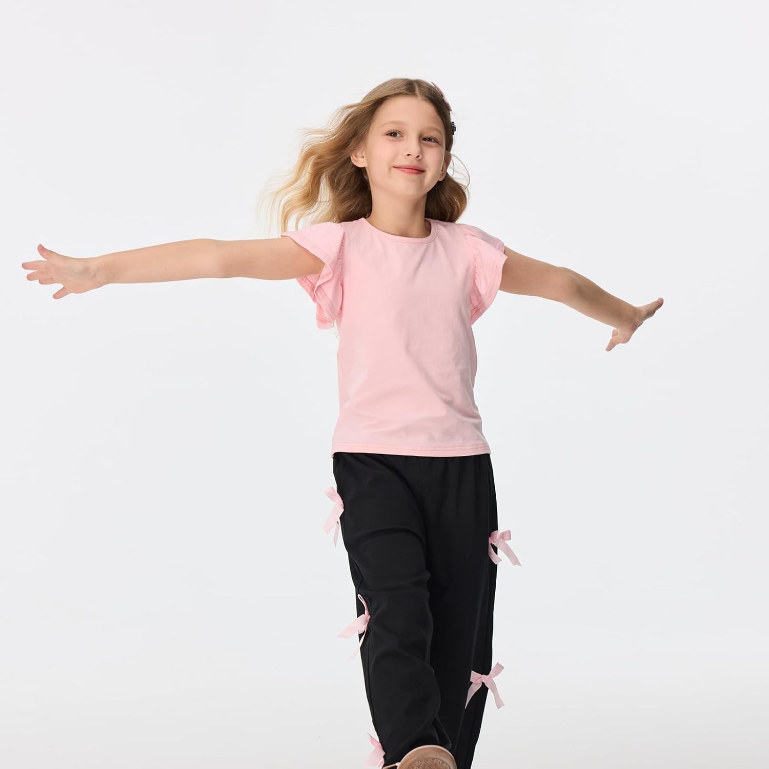 Girls Summer Shirts Kids Striped Ruffle Sleeve T Shirts Crew Neck Casual Tops Cute Short Sleeve Tees 5-14 Years - Image 6