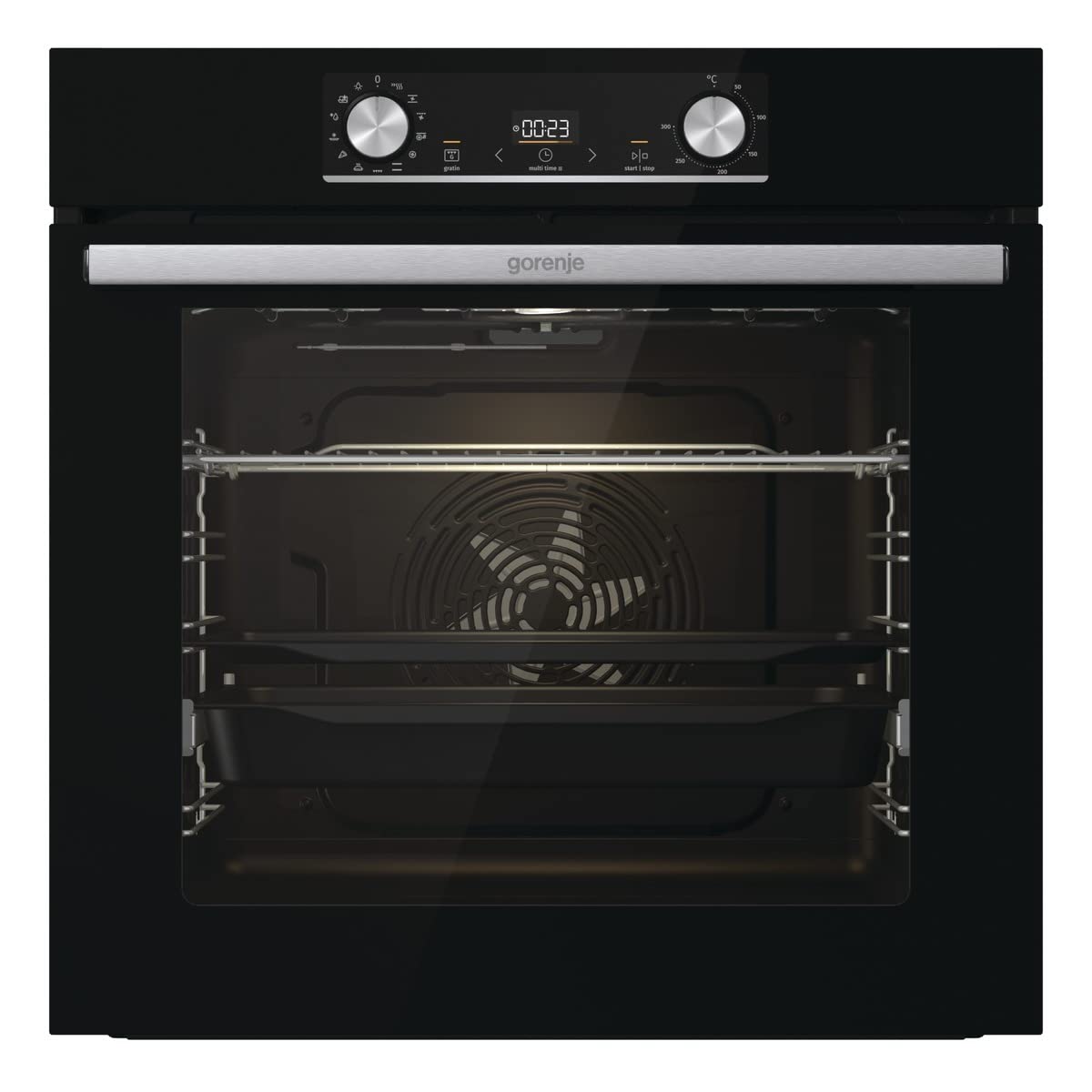 Gorenje OptiBake Black Steam Einbaubackofen-Set 77L Heißluft AquaClean GentleClose AirFry Pizzamode 300°C PerfectGrill Glaskeramik-Kochfeld schwarz