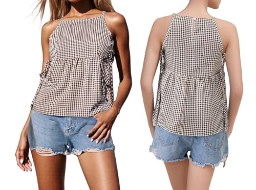 Women Tie Side Tank Top Sleeveless Split Peplum Coquette Shirt Plaid Trendy Going Out Summer Tops Y2k Streetwear3