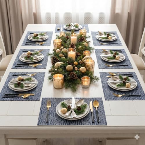 Image of YELONA Placemats Set of 8, Heat-Resistant Woven Vinyl Table Mats, Non-Slip & Washable Dining Tablemats for Kitchen & Dinner Decor, Blue & White (45cm x 30cm)