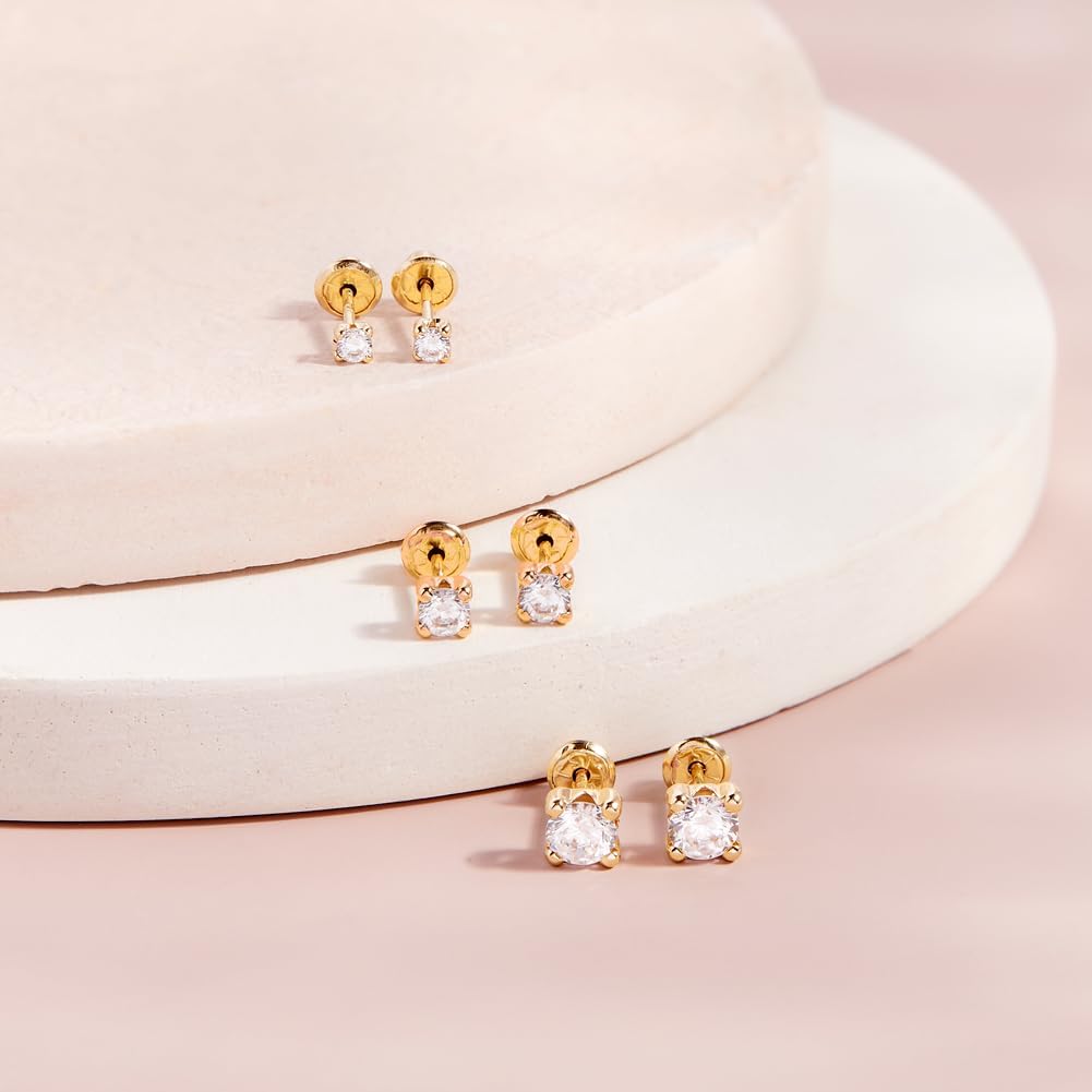 14k Yellow Gold Clear 2,3,5mm Cubic Zirconia Prong Set Screw Back Earrings for Girls - Cute Baby Stud Earrings for Infants & Toddlers - Simulated Birthstone CZ Earrings for Little Girls
