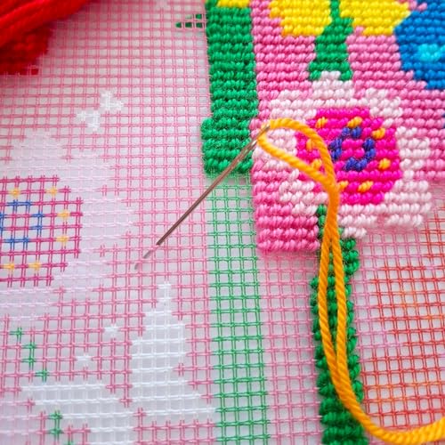 Image of Brvsk Floral Needlepoint Kit for Adults and Beginners - Enchanted Garden 16″ x 16″ with Clear, Precise Printed Design on Cotton Canvas; Includes 2 Needles, Yarn, and Easy-Read Chart