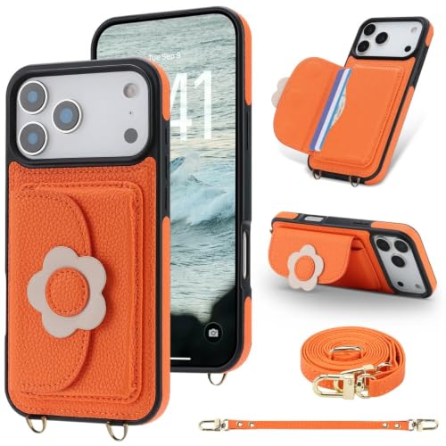 Étui portefeuille iPhone 15 Plus orange évitant les chutes grâce à sa bandoulière