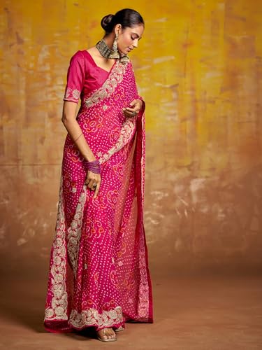 Image of Satrani Women'S Georgette Embroidery Bandhani Printed Saree With Unstitched Blouse Piece