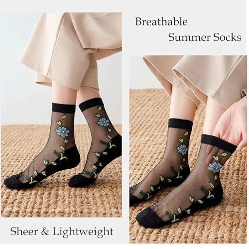 Image of DXYAKY Sheer Mesh Transparent Socks for Women Ultra-thin Lace Fishnet See Through Ankle Novelty Casual Floral Socks