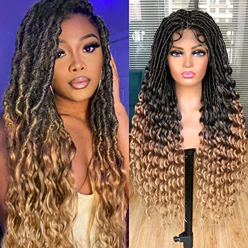 Annivia Faux Locs Braided Wigs For Black Women Goddess Full Lace Faux Locs Crochet Wigs With Baby Hair Soft Knotless Dreadlock Synthetic Lace Twist Wig With Wave Curly Ends 1B/27 32Inch #TOP11