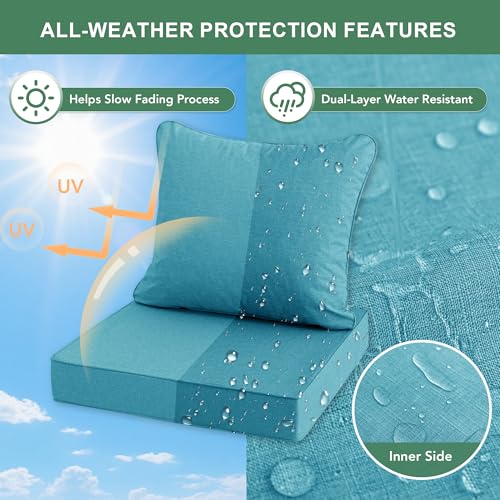 Image of Summsun Faux Linen Outdoor Chair Cushions, Water Resistant Backrest and Deep Seat Cushion Set with Removable Cover, Straps, Non-Slip Bottom for Patio Furniture, 24 x 24 Inch, Teal, Set of 4