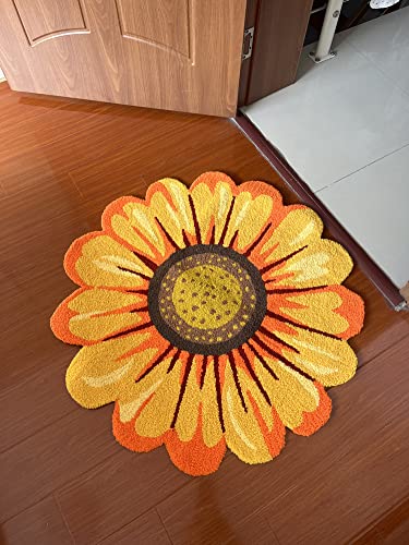 Yellow Flowers Shape Area Rugs Hand Woven Round Sunflowers Runner Rug For Bedroom,Living Room,Kitchen,Bathroom,Bedside Floor Mat Non-Slip Floral Farmhouse Large Absorbent Carpet 47" X 47" #TOP1
