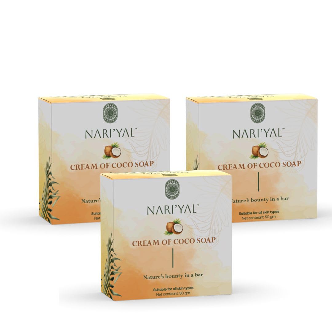 NARI'YAL Cream of Coco Tan Removal Soap, Natural Herbal Bathing Soap with Coconut for Glowing & Brightening Skin, Suitable for All Skin Types – (3 x 50g)