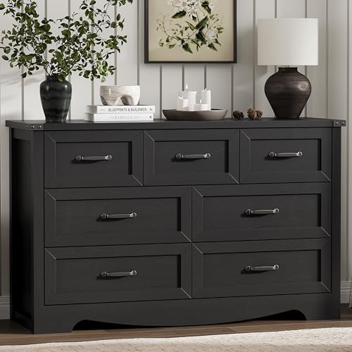 Image of Dresser for Bedroom with 7 Drawers, 58 inch Wide Wood Chest of Drawers with Deep Drawers & Mental Handle, Modern Dresser TV Stand, Wooden Closet Storage Organizer for Living Room, Hallway, Entryway, Black