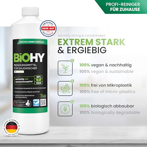 BiOHY Reinigungsmittel für Saugwischer (1l Flasche) | 1:200 Konzentrat für alle Nass-Trockensauger | ideal für Fliesen, PVC, Parkett, Laminat & Teppich | streifenfreier Glanz | nachhaltig & ökologisch - 2