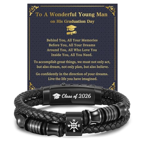 Graduation Gifts for Men Him Class of 2026 - High School College Master Leather Bracelets Adjustable Braided Leather Compass Bracelets Inspirational Graduate Gifts for Men Son Husband Boyfriend