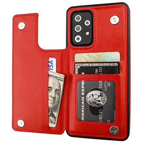 Onetop Compatible with Samsung Galaxy A52 Wallet Case with Card Holder, PU Leather Kickstand Card Slots Case, Double Magnetic Clasp and Durable Shockproof Cover 5G 6.5 Inch(Red)