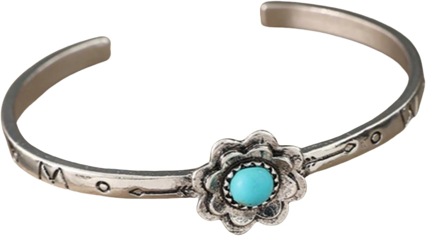 Chunky Silver Bohemian Flower Bracelet For Wemen Men, Turquoise Stackable Boho Non Tarnish Bangles Couples Jewelry Retro Gift - Image 2