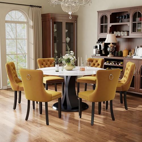 Image of 7-Piece Dining Table Set with 47In Faux Marble Table and 6 Velvet Upholstered Chairs, Modern Scandinavian Furniture for Dining Room Kitchen(Yellow)