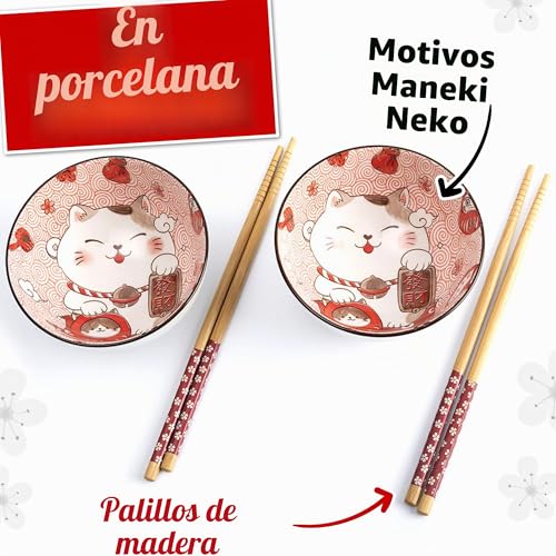 Miniatura 5 de Lachineuse Maneki Neko - Juego De Cuencos Para Arroz, Desayuno Y Sopa, Vajilla Japonesa De Porcelana Con Palillos, Gato De La Suerte, Regalo Japonés - Deco Kawaii Japón