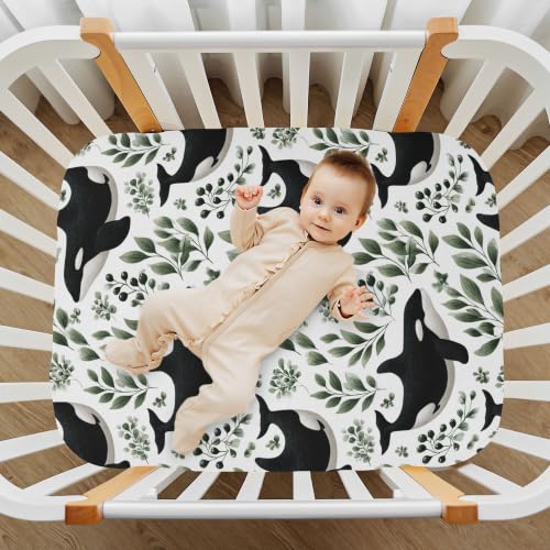 Image of Sea Killer Whale White Crib Sheets Soft Breathable Fitted Baby Crib Sheets Mattress Cover for Girls Boys, 52 inch x 28 inch x 9 inch