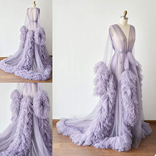 Image of BATHGOWN Sexy Illusion Long Lingerie Tulle Robe Nightgown Bathrobe Sleepwear Bridal Robe Wedding Scarf