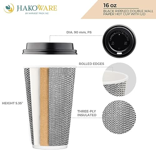 Harvest Pack GOURMET SHOWCASE [85 SET] HAKOWARE 16 oz Disposable Coffee Cups, Insulated Ripple Double-Walled Paper Cup with Lid, Black and White Geometric, Tea Hot Chocolate Drinks To go - Thumbnail 2