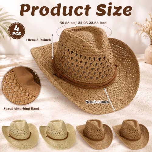 Image of Unittype 4 Pcs Straw Cowboy Hats with Windproof Rope