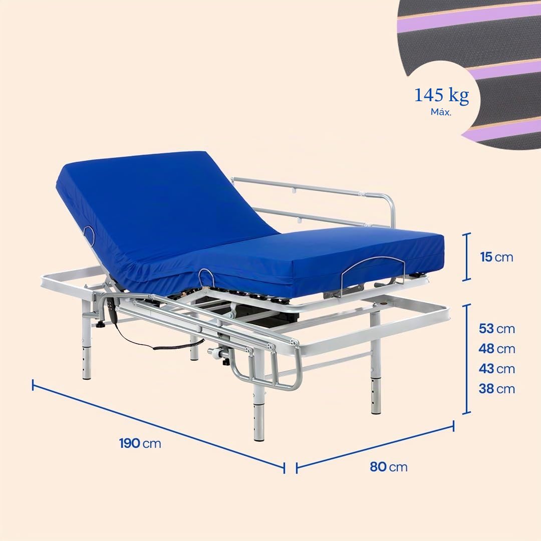 Geriafy Cama articulada con colchón Professional V3 MAX Care 80x190 cm | Patas regulables, barandillas abatibles, colchón viscoelástico de 15 cm y funda impermeable
