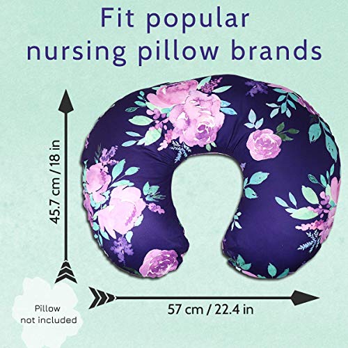 Image of Purple Floral Nursing Pillow Cover, Breastfeeding Pillow Slipcover for Baby Boys & Girls, Nursing Pillow Case for Newborn, Soft Fabric Fits Snug On Infant, Washable & Breathable, Watercolor Flower