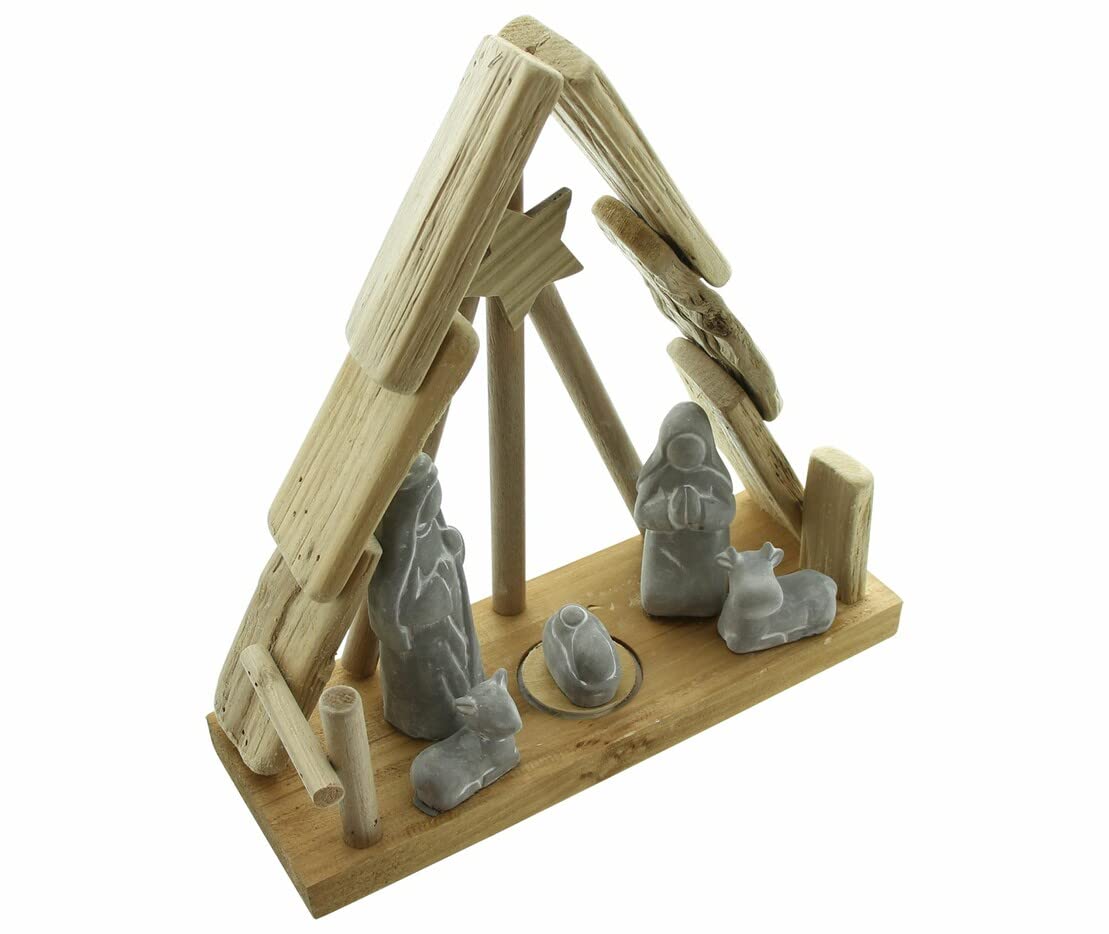 Dekoleidenschaft Crèche de Noël avec éclairage LED, étable en bois de hêtre, figurines en béton, décoration de Noël, crèche en bois