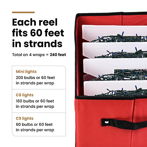 Holiday Cheer Christmas Light Bulb Storage Box – Christmas Light Organizer Stores Up To 800 Holiday Christmas Light Bulbs With 4 Plastic Light Storage Wraps – Tear-Proof Fabric (Red) #TOP4