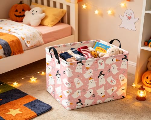 Image of Rectangular Halloween Basket for Boys and Girls Kids Trick or Treat Pumpkin Basket for Halloween Parties Cute Storage Bin Organizer Box Room Decor(Pink Ghost)