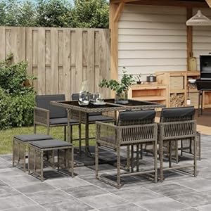 ShGaxin 9-TLG. Garten-Essgruppe mit Kissen Grau Poly Rattan, Esstisch Mit Stühlen Set, Gartenmöbel Sitzgruppe, Balkon Möbel, Gartenlounge Set, Terrassenmöbel, Balkonmöbel Set - 3211496