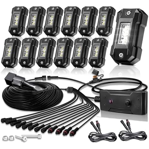 LEDMIRCY R4 White Rock Lights Kit with Switch Wire Harness 12PCS Super Bright Pure White LED Rock Lights for Offroad Trucks ATV UTV SUV High Power Underglow Under Body Light Waterproof Shockproof Cover