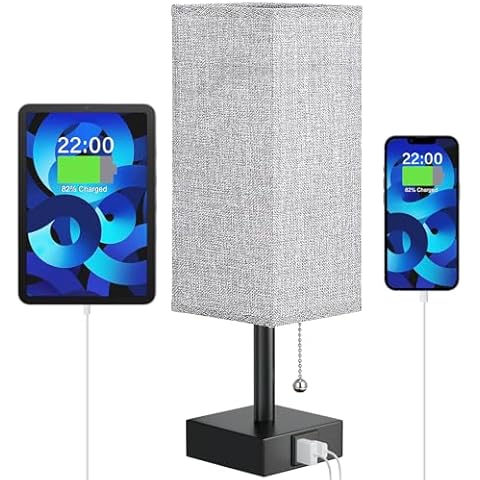 aooshine Bedside Lamp for Bedroom with USB Ports - Grey Table Lamp with USB C + A Charging Ports for Nightstand, Small Desk Light for Boys, Bulb Not Included Cover