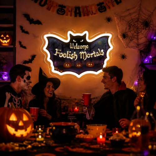 Image of Welcome Foolish Mortals Neon Sign Halloween Bat LED for Wall Decor Spooky Gothic Haunted Mansion Decor for Halloween Party Man Cave Home Bar Haunted House Gifts