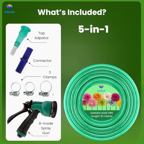 Image of Utkarsh Heavy Duty PVC Braided Water Hose Pipe - 15 Meter / 0.5 inch, with 8-Mode Spray Gun, 1 Tap Adapter, Connector & 3 Clamps for Garden, Car Wash, Floor Clean, Pet Bath, Indoor /Outdoor (49.2 ft)